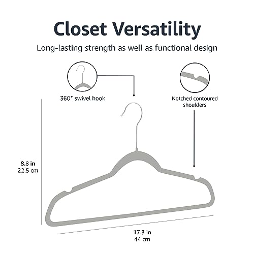 Amazon Basics Slim, Velvet, Non-Slip Suit Clothes Hangers, Gray/Silver - Pack of 50