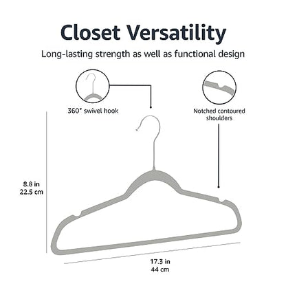 Amazon Basics Slim, Velvet, Non-Slip Suit Clothes Hangers, Gray/Silver - Pack of 50