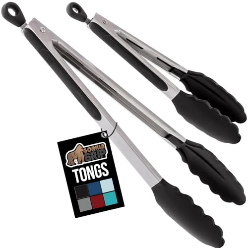 GORILLA GRIP Stainless Steel Heat Resistant Kitchen Tongs for Cooking, Set of 2 BBQ Tong, Non Scratch Silicone Tip for Pans, Strong Grip, Grab Food, Toss Salad, Air Fryer, Pull Lock, 7 + 9 Inch, Black