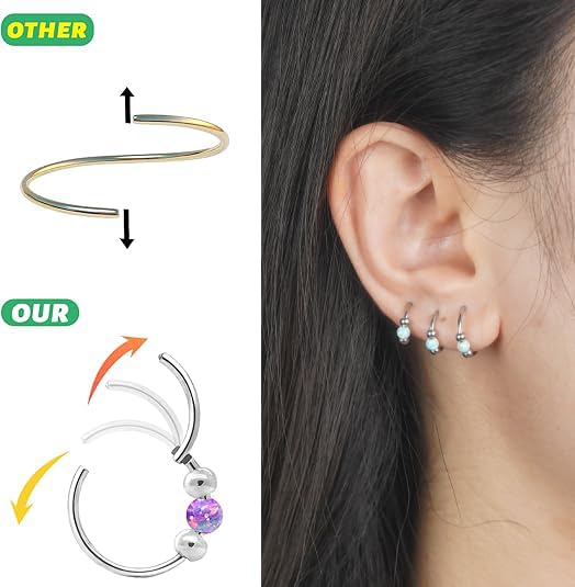 2Pcs 18G Hypoallergenic Cartilage Earrings for Women & Men 316L Surgical Steel Huggies Earrings for Sensitive Ears, Lightweight Mini Thin Jewelry for Tragus/Helix/Nose Multiple Piercing Opal Earrings