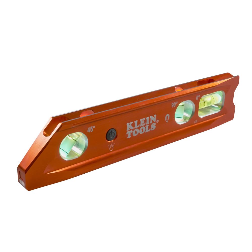 Klein Tools 935RBLT Level, 9-Inch Lighted Torpedo Level with Magnet, 0/45/90 Degree Vials and V-Groove, Water and Impact Resistant, High-Visibility