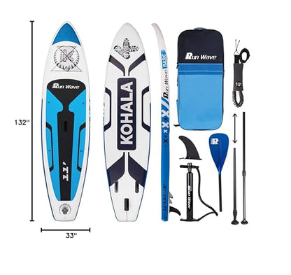 Run Wave Inflatable Stand Up Paddle Board 11'×33''×6''(6'' Thick) Non-Slip Deck with Premium SUP Accessories | Wide Stance, Bottom Fins for Surfing Control | Youth Adults Beginner (Kohala Blue)