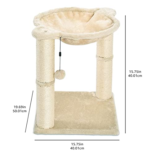 Amazon Basics Cat Condo Tower with Hammock Bed and Scratching Post,Easy to Assemble,Plush Hammock,Interactive Hanging Ball,Durable Sisal Scratch Posts for Indoor Cats, 15.8 x 15.8 x 19.7 Inches, Beige