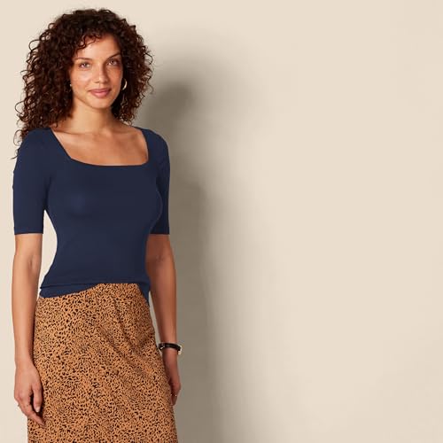 Amazon Essentials Women's Slim-Fit Half Sleeve Square Neck T-Shirt, Navy, X-Large