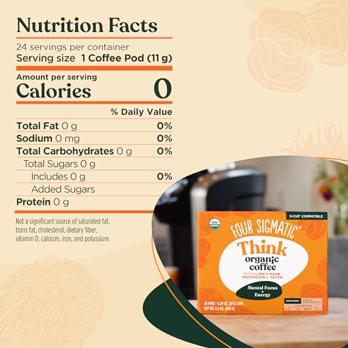 Four Sigmatic Mushroom Coffee K-Cups | Organic Dark Roast Coffee with Lion’s Mane Mushroom Powder & Yacon | Focus & Immune Support | Vegan & Keto | Sustainable Pods | 24 Count