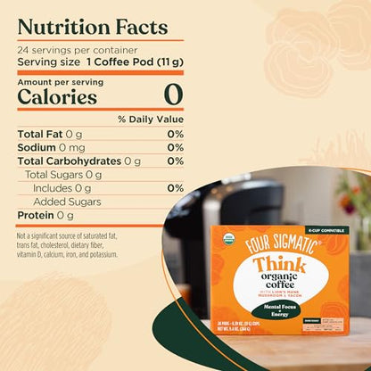 Four Sigmatic Mushroom Coffee K-Cups | Organic Dark Roast Coffee with Lion’s Mane Mushroom Powder & Yacon | Focus & Immune Support | Vegan & Keto | Sustainable Pods | 24 Count
