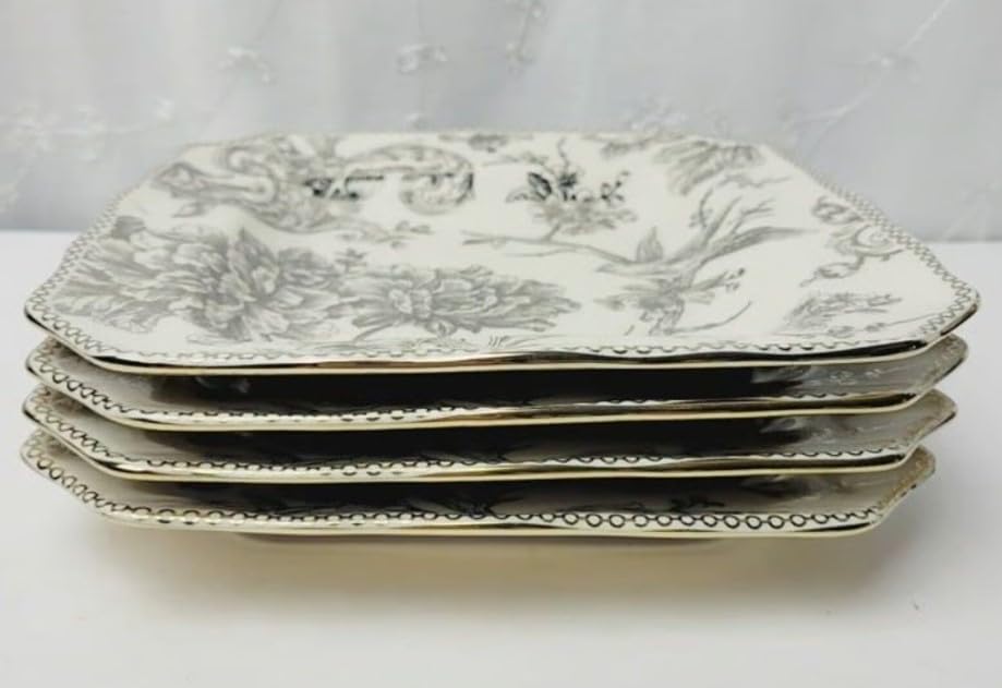 222 Fifth Adelaide 16-Piece Square Floral Dinnerware Set – Service for 4, Grey & White Porcelain Plates & Bowls, for Everyday Dining & Entertainment, Microwave & Dishwasher Safe, Chip Resistant