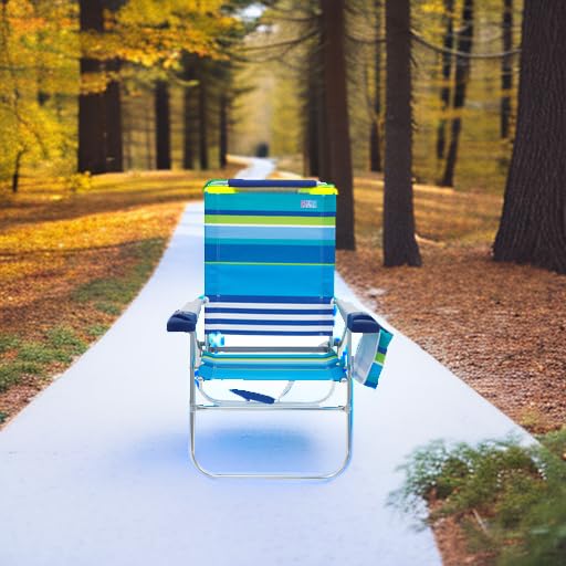 Rio Brands 17" Extended Height 4-Position Folding Beach, Camping, Lawn Chair, Blue/White/Green