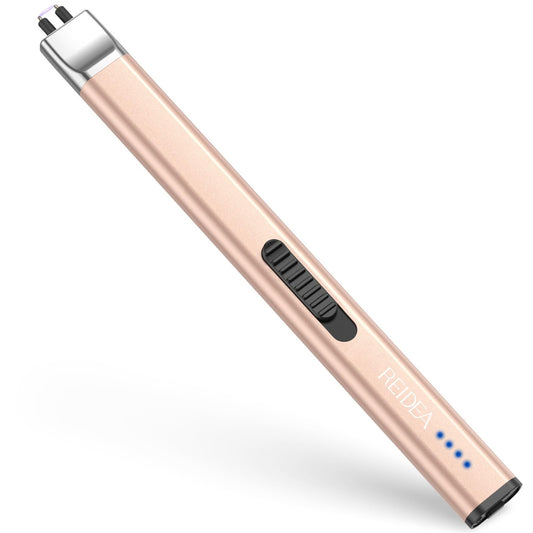 REIDEA Electric Candle Lighter, Retractable Top Windproof Flameless USB Rechargeable Arc Lighter with Safe Button and Power Indicator for Candle, BBQ and Fireworks, R1 Flat, Champagne Gold