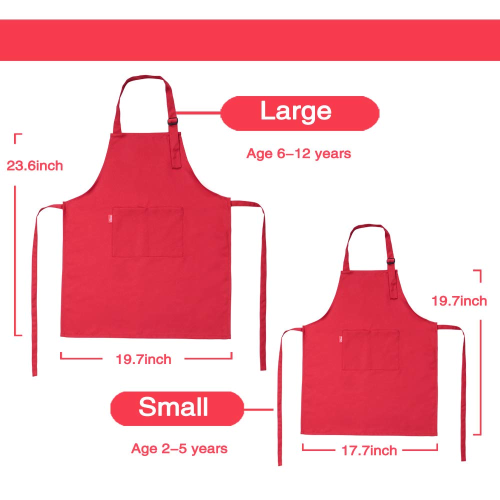 ALIPOBO Kids Apron and Chef Hat Set, Children's Adjustable Bib Apron with 2 Pockets. Cute Boys Girls Kitchen Apron for Cooking, Baking, Painting, Training Wear (2-5 Year, Red)