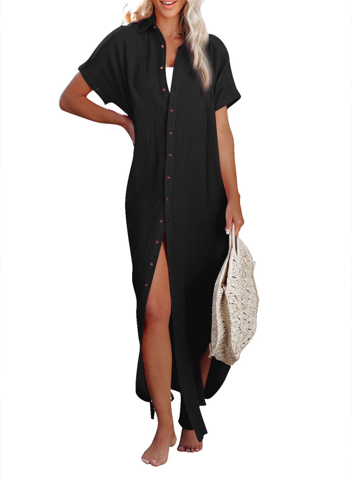 Herseas Bathing Suit Cover Ups for Women Casual Short Sleeve Side Split Button Dress Down Long Kimonos Cardigans 2025 Summer Resort Outfits Black Large 12 14