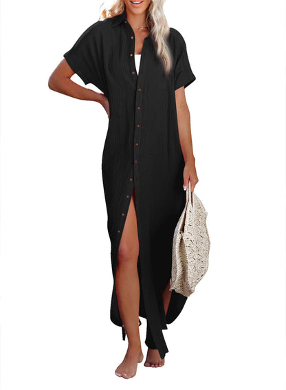 Herseas Bathing Suit Cover Ups for Women Casual Short Sleeve Side Split Button Dress Down Long Kimonos Cardigans 2025 Summer Resort Outfits Black Large 12 14
