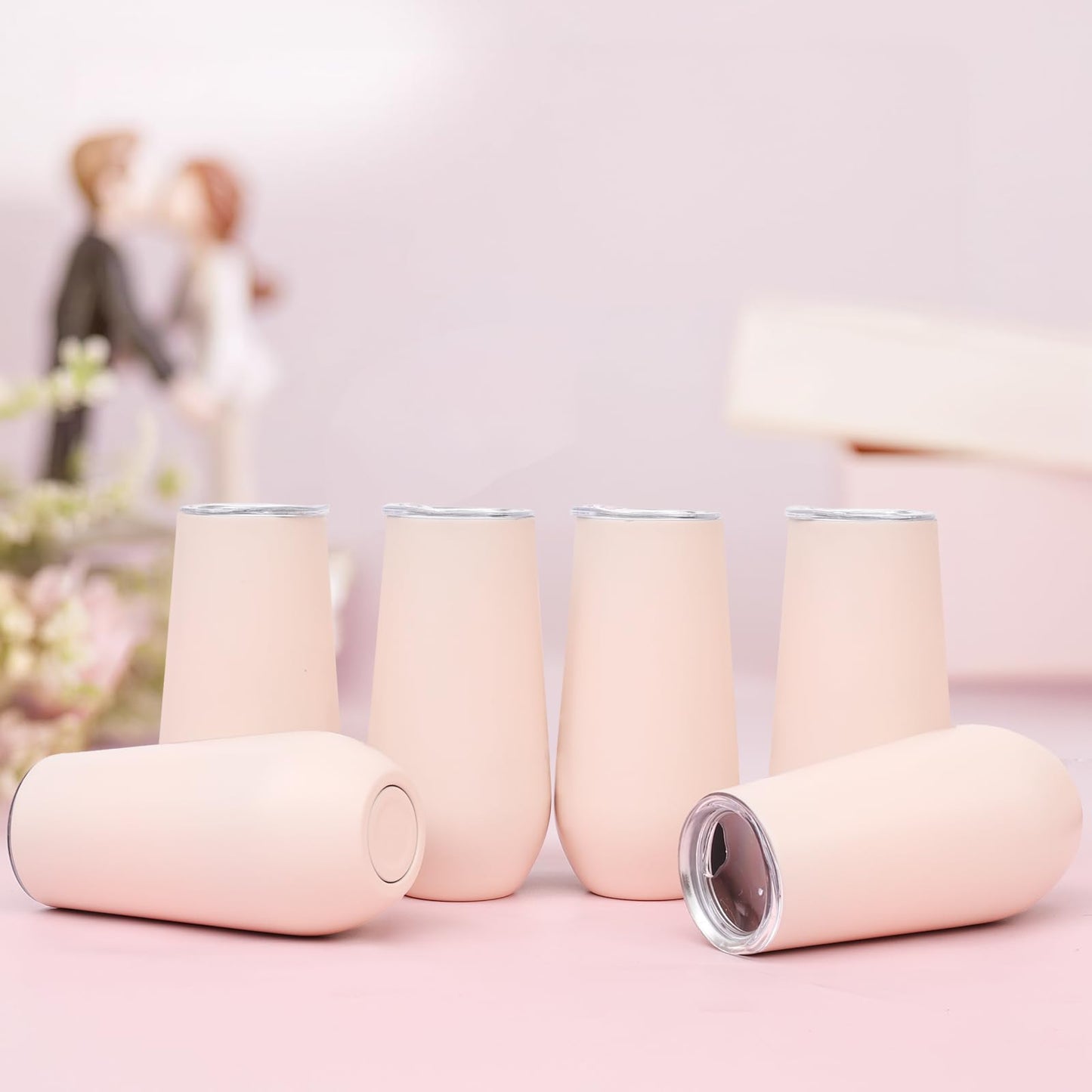 Lifecapido 6-Pack Stemless Insulated Tumblers, 6oz Stainless Steel Unbreakable Champagne Flute Tumbler for Wedding, Christmas, Bride Shower