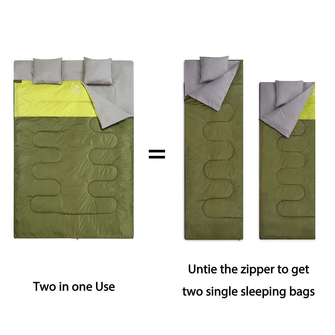 oaskys Double Sleeping Bag for Adults with 2 Pillows - Queen Size XL Waterproof Sleeping Bag for All Season Camping Hiking Backpacking 2 Person Sleeping Bags for Cold Weather & Warm