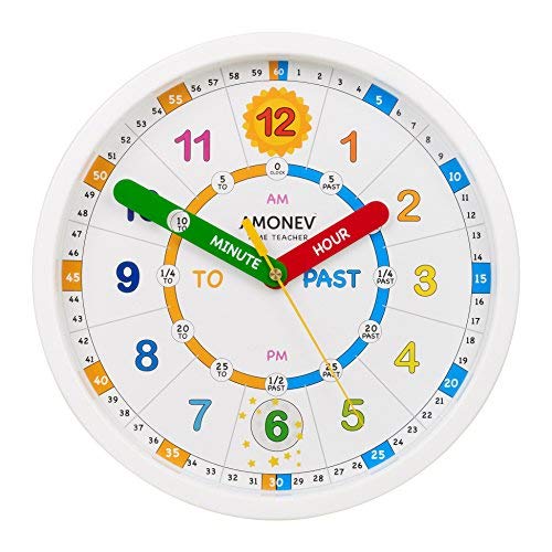 Amonev Time Teacher Scope Wall Clock for Children, Easy to Read Dial with Silent Ticking. Teach Children How to Read and Tell The Time with This Analogue Clock.