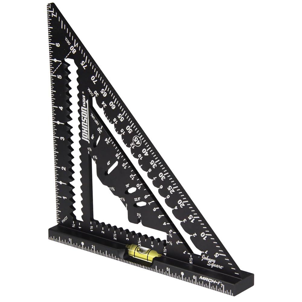 Johnson Level & Tool 1904-0700V 7-1/4" Johnny Square MACH-1 Smart Mark Rafter Square with Level Vial, Black