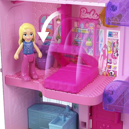 Polly Pocket Barbie Dreamhouse Compact, Dollhouse Playset with 3 Micro Dolls, 1 Puppy, 11 Accessories, Elevator & Pool
