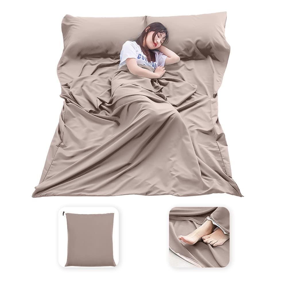 MongByYa Sleeping Bag Liner Lightweight Compact Sleeping Bag Sack Portable Clean Travel Sheet Camping Sleep Sheet for Backpacking Hotel Hiking (Light Khaki, 82.7” X 70.9”)