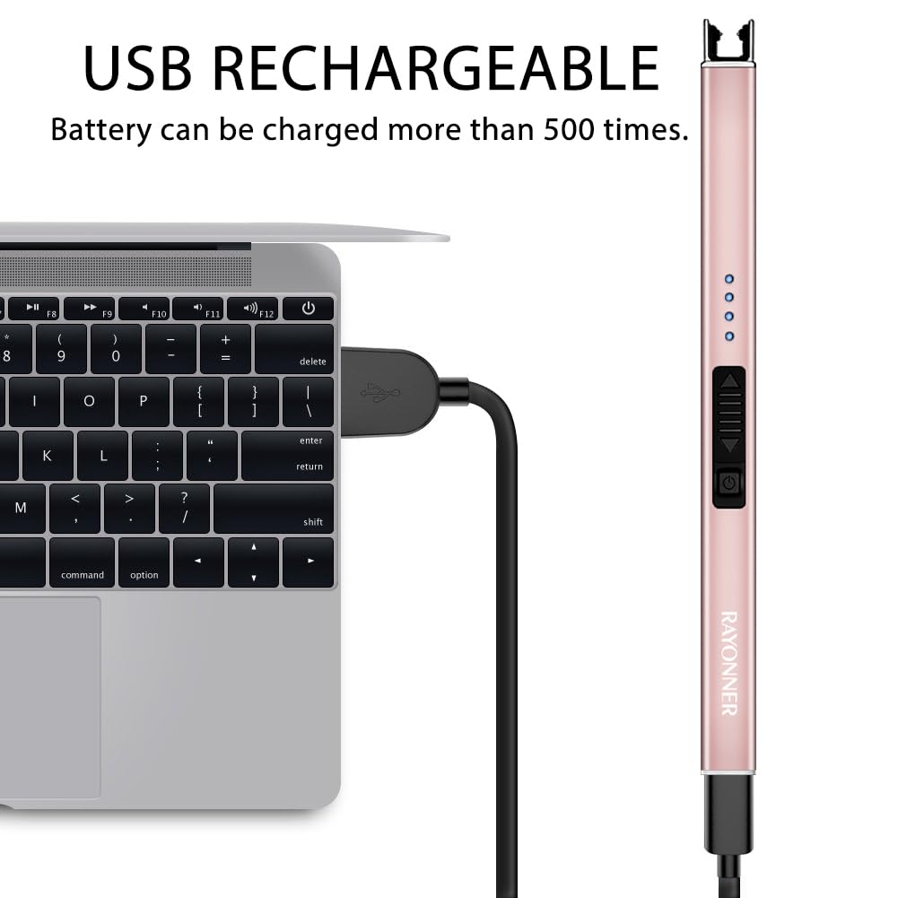 RAYONNER Lighter Electric Candle Lighters Rechargeable USB Lighter Arc Lighters for Candle Camping (1Pack, Rose Gold)