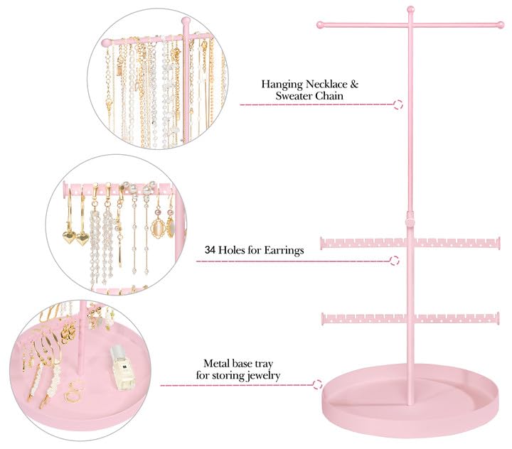 Jenseits Jewelry Holder Organizer Stand, 3 Tier Necklace Organizer Earring Holder Tree, Adjustable Height Jewelry Display Towers, Long Necklaces Bracelets Jewelry Storage Rack Gift For Women, Girls
