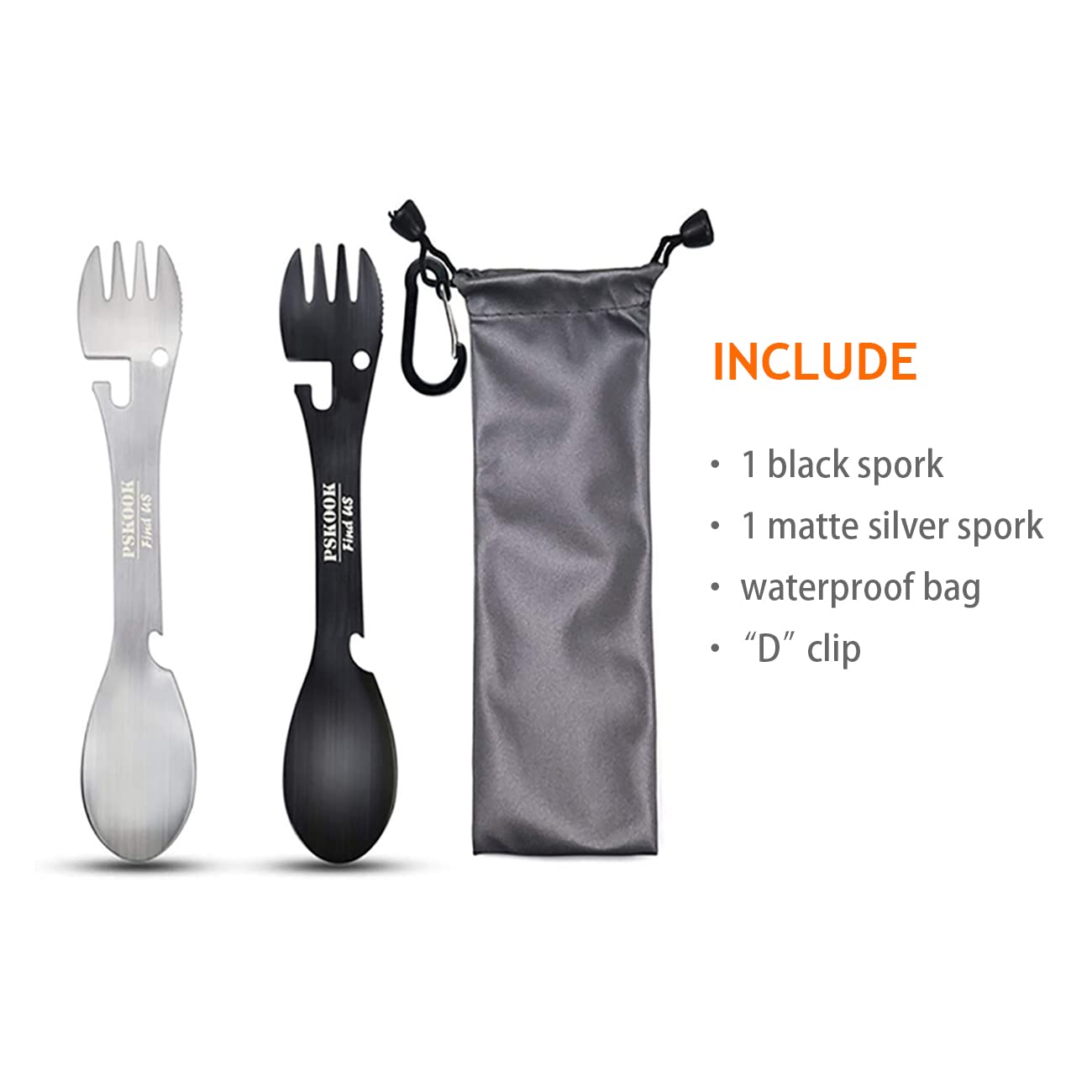 PSKOOK 5-in-1 Utility Tactical Spork, 2-Pack Stainless Steel Spoon & Bottle Opener, Fork & Knife, Can Opener Combo Camping Utensil for Hiking, Camping or Backpacking (Black & Matte Silver)