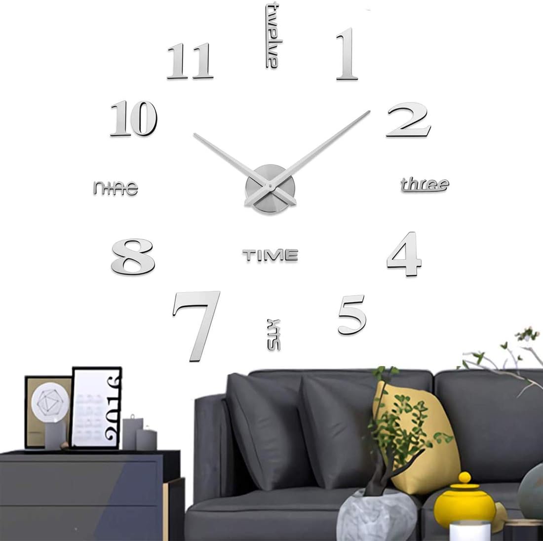 AILILIFE 3D DIY Wall Clock Decor Sticker Mirror Frameless Large DIY Wall Clock Kit for Home Living Room Bedroom Office Decoration (Sliver)