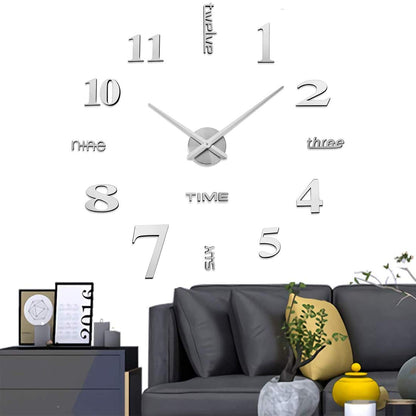AILILIFE 3D DIY Wall Clock Decor Sticker Mirror Frameless Large DIY Wall Clock Kit for Home Living Room Bedroom Office Decoration (Sliver)
