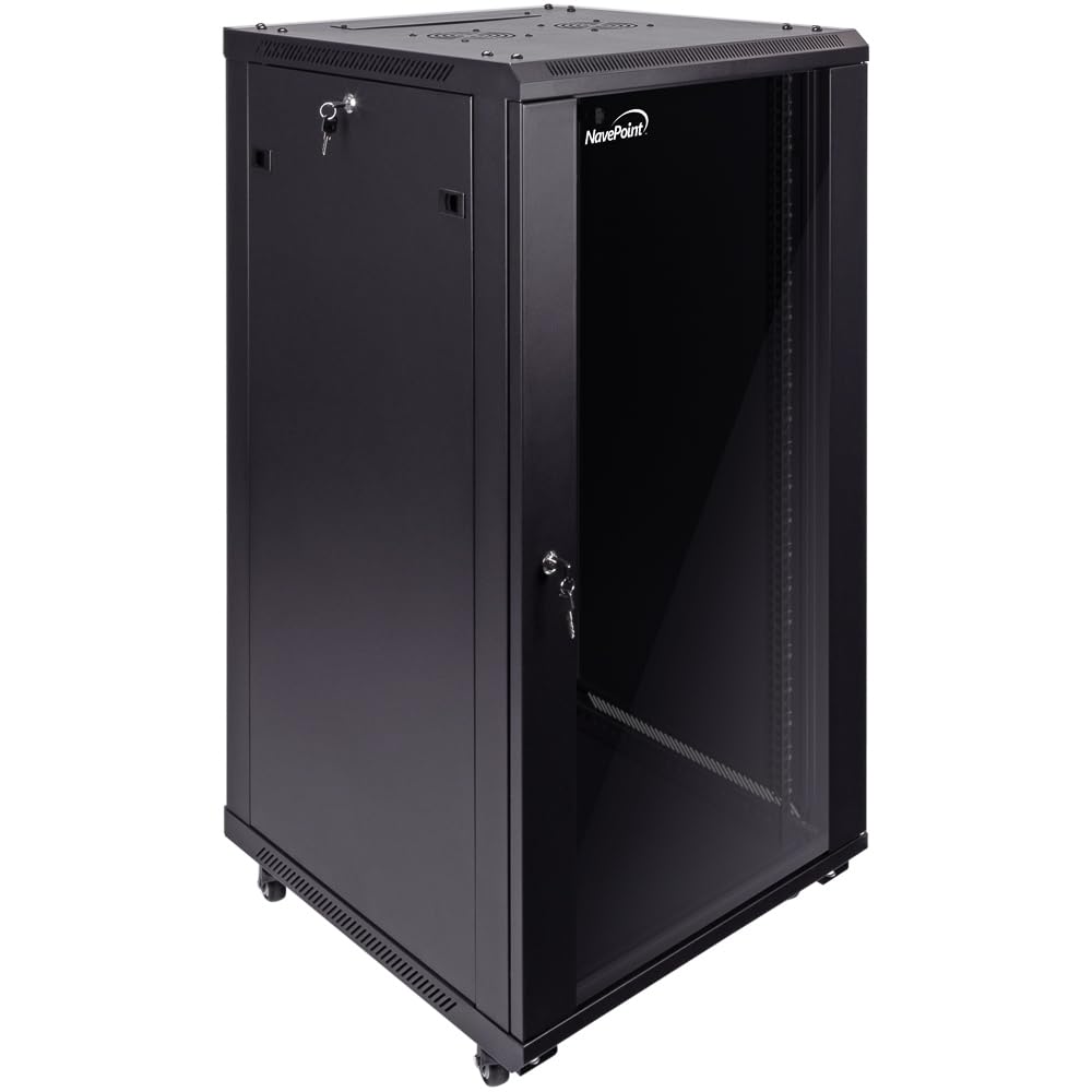 NavePoint 22U Server Cabinet Wall Mount Rack Enclosure with Caster Wheels, 2 Fans, Locking Glass Door, Removable Side Panels – 22U Network Cabinet 23.6” Deep, 19” Server Rack for A/V Equipment