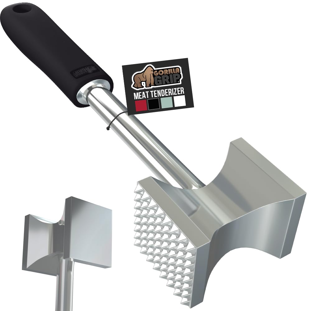 GORILLA GRIP Patented Dual-Sided Meat Tenderizer, Heavy Duty Kitchen Mallet with Soft Handle, Spiked Side Tenderizes and Smooth Flattens, Maximize Food Flavor, Commercial Grade Chicken Pounder, Black