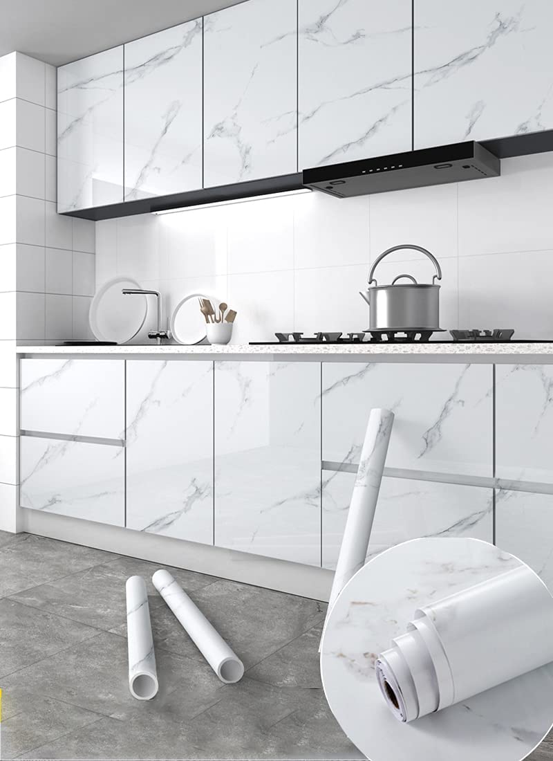 Glossy Marble Paper Granite Gray/White Wallpaper Peel and Stick Wallpaper Self Adhesive Removable Wallpapers 15.8″ ×118″ Waterproof Countertop Paper for Cabinet Countertop Furniture Kitchen Viny Film