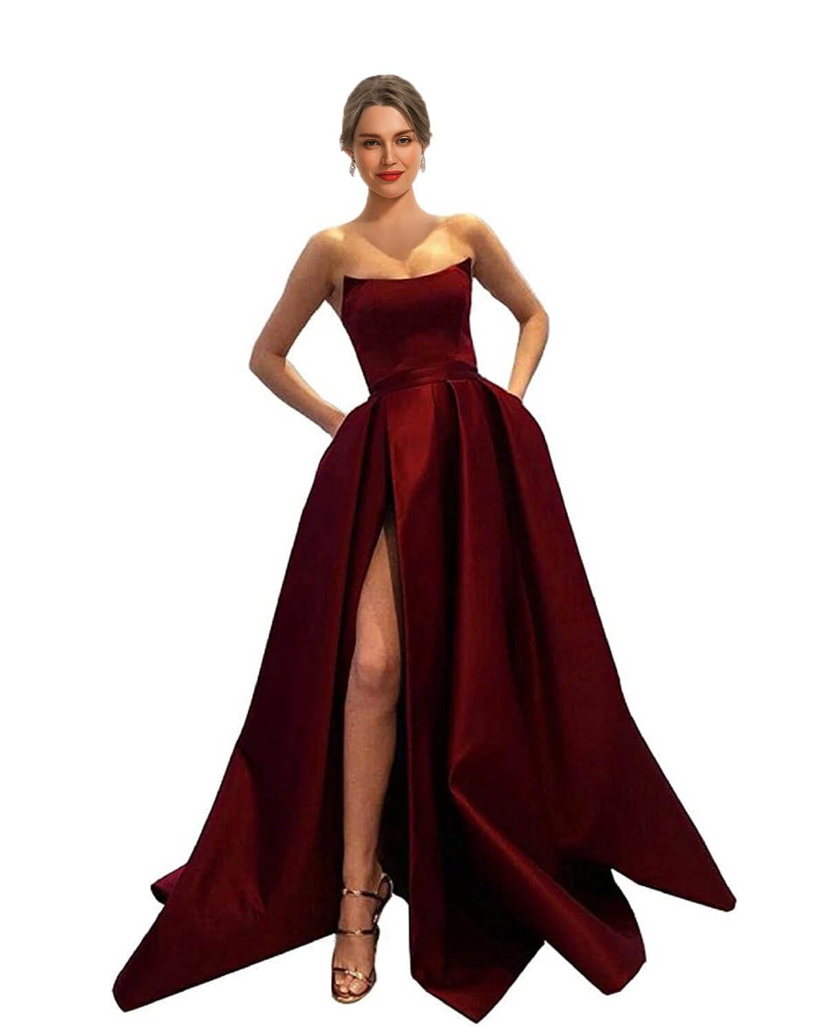 MllesReve Womens Long Strapless Satin Prom Dress Sleeveless Slit Evening Ball Gown with Pockets Burgundy Size 6