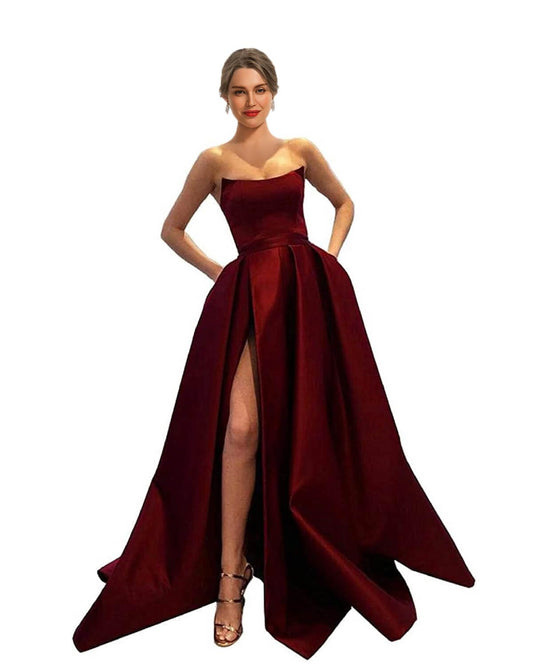 MllesReve Womens Long Strapless Satin Prom Dress Sleeveless Slit Evening Ball Gown with Pockets Burgundy Size 6