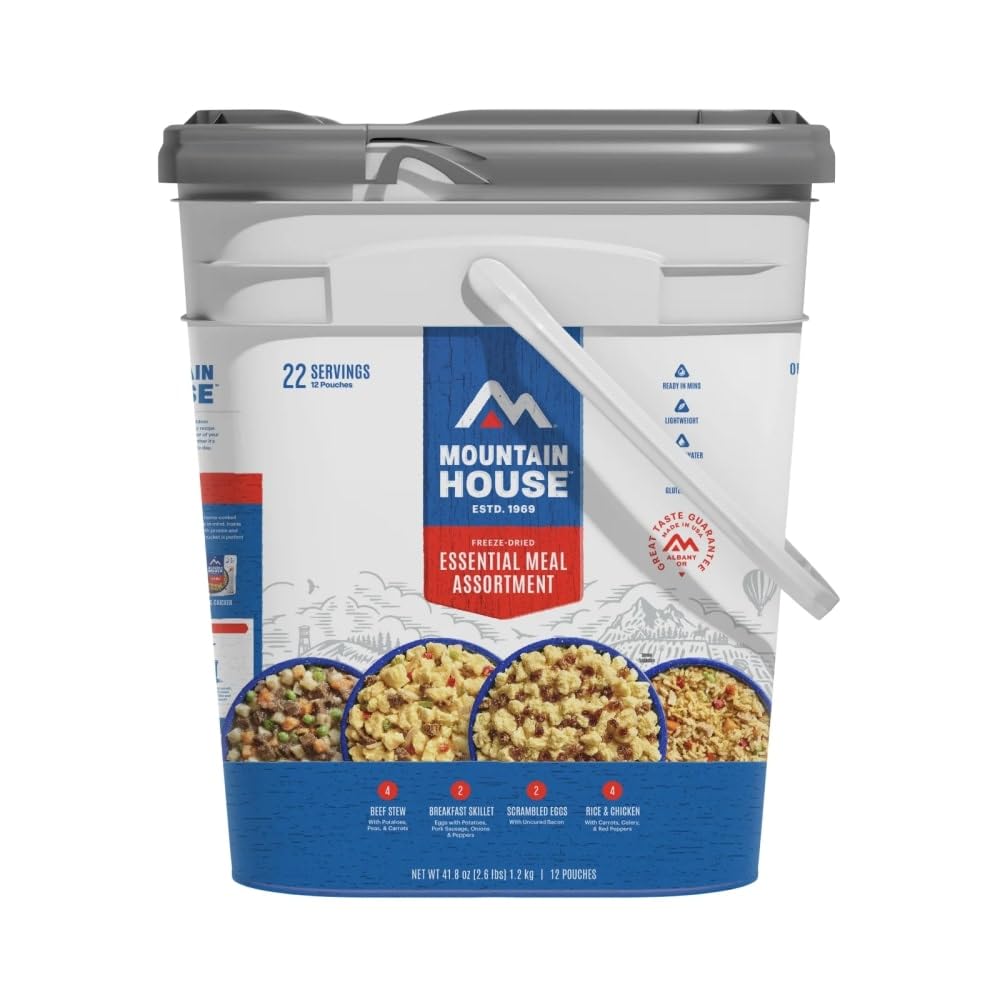 Mountain House Essential Meal Assortment Bucket | Freeze Dried Backpacking & Camping Food | 22 Servings | Gluten-Free