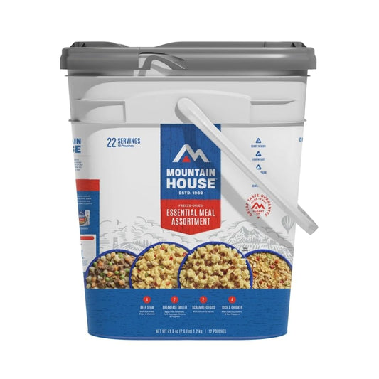 Mountain House Essential Meal Assortment Bucket | Freeze Dried Backpacking & Camping Food | 22 Servings | Gluten-Free