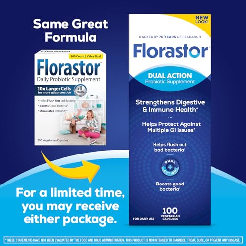 Florastor Probiotics for Digestive and Immune Health, 100 Capsules, Probiotics for Women & Men, Helps Flush Out Bad Bacteria, Boosts The Good with Our Unique Strain Saccharomyces Boulardii