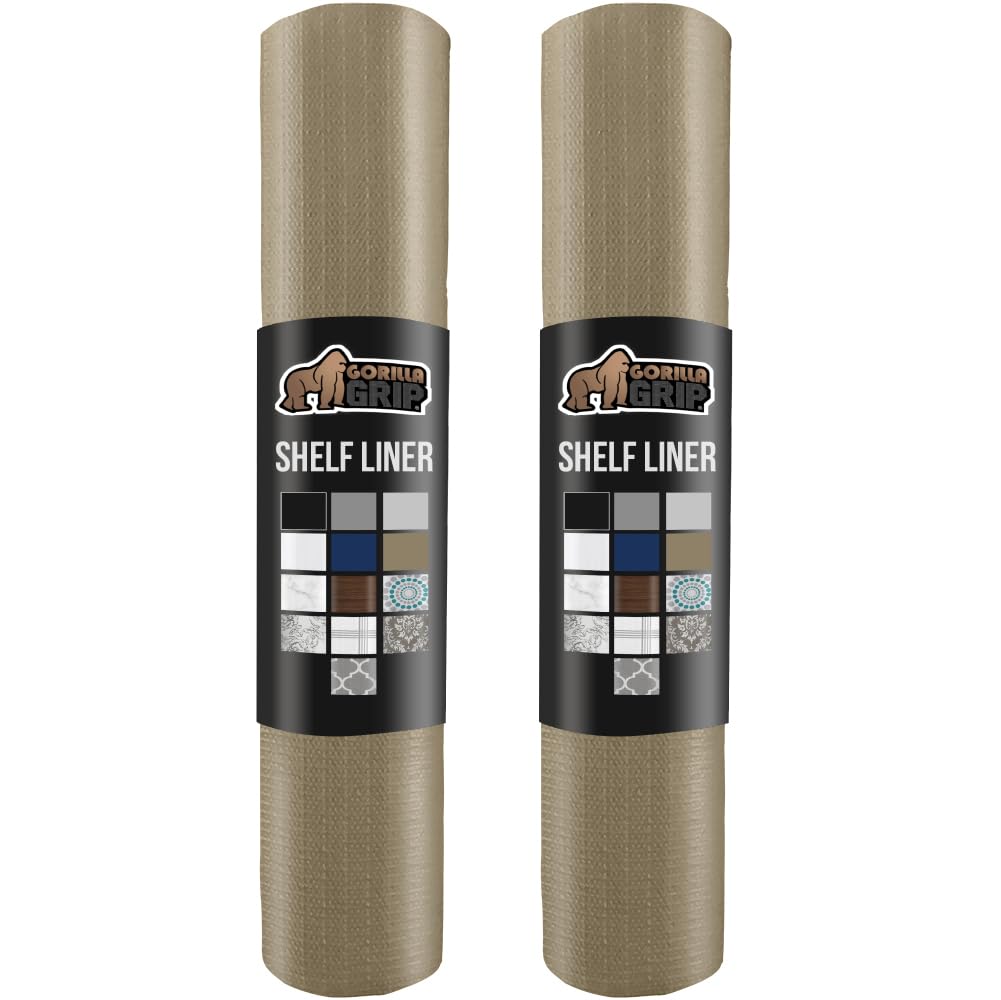 GORILLA GRIP Slip Resistant Drawer and Shelf Liner 2 Pack, Non Adhesive Water Resistant, Easy Clean and Trim, Smooth Surface Liners for Kitchen Cabinet, Shelves, Drawers, Pantry, 12 in x 20 FT, Beige