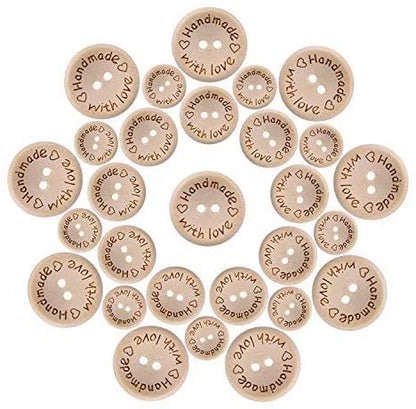 150pcs Wooden Handmade with Love Round Craft Decor 2 Holes Wooden Sewing Buttons (15-20-25mm)