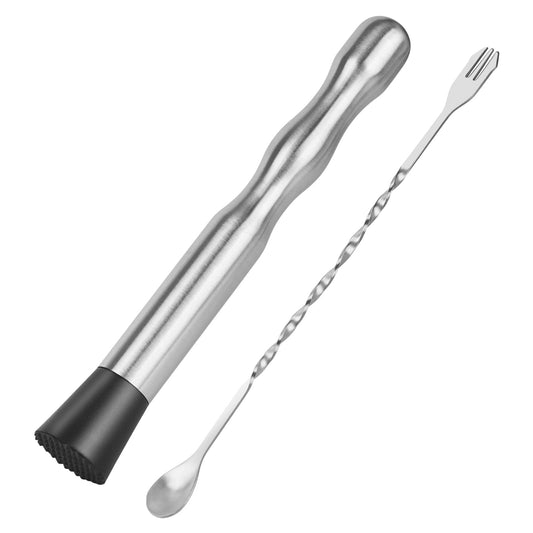 Muddler for Cocktails Bar Spoon - Vaincre 2PCS 9" Muddler and 10” Mixing Spoon Cocktail Mixing Stirrer, Stainless Steel Bar Accessories Tools Long Drink Stirrer Bartender Gifts for Mojitos Drinks