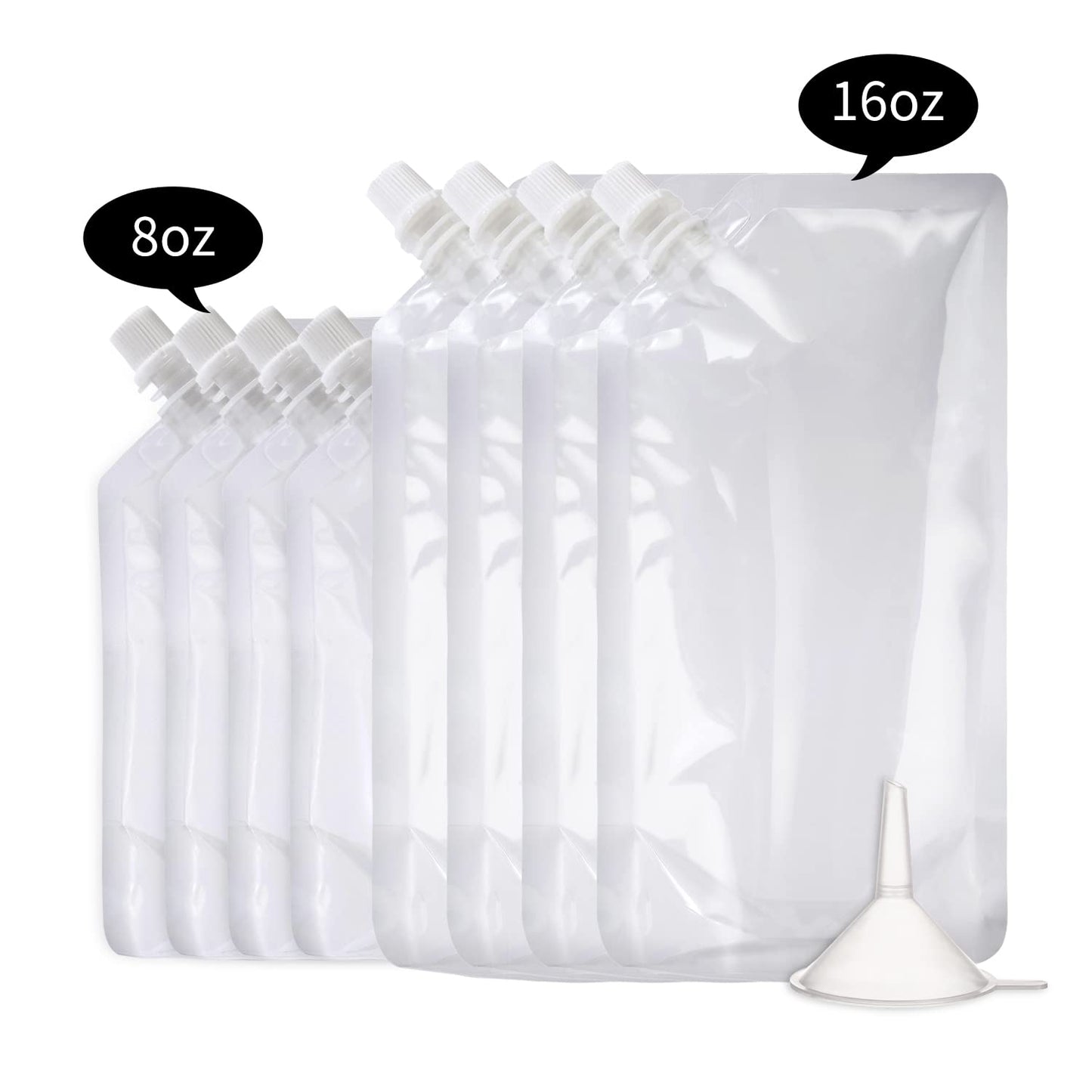 OHMAXHO Alcohol Pouches for Liquor,Reusable Drink Pouches for Adults Alcohol Drinking Flasks,Concealable Plastic Liquor Bags with Funnel,Plastic Travel Flasks (8OZ4 + 16OZ4)