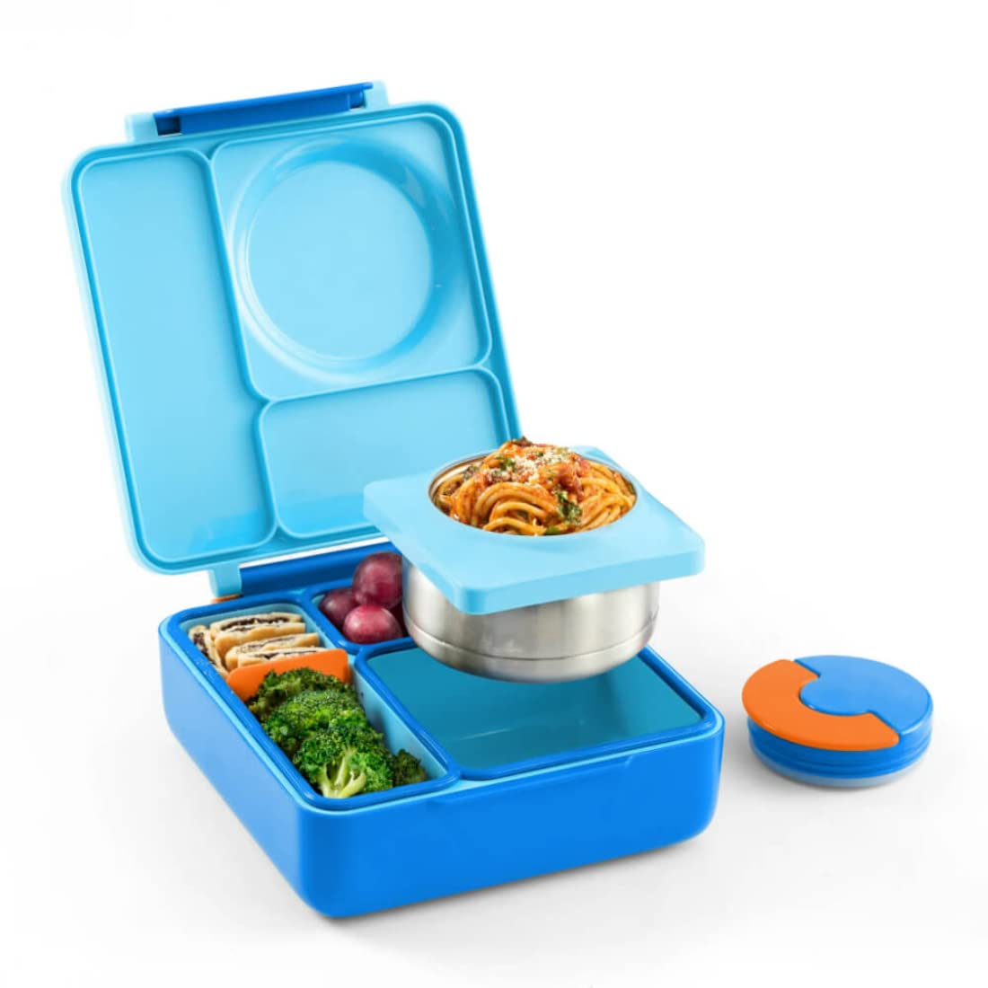OmieBox Bento Box for Kids - Insulated Bento Lunch Box with Leak Proof Vacuum Insulated Food Jar - 3 Compartments, Two Temperature Zones (Blue Sky)