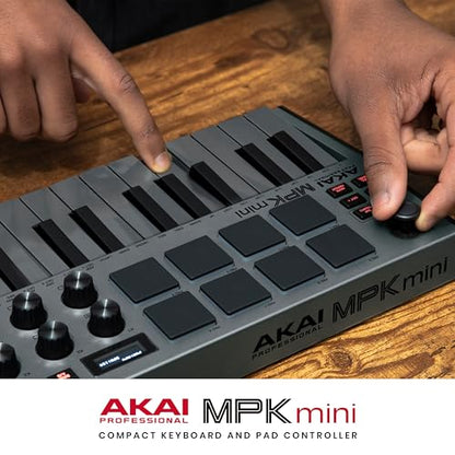 Akai Professional MPK Mini MK3 - 25 Key USB MIDI Keyboard Controller With 8 Backlit Drum Pads, 8 Knobs, Music Production Software and Native Instruments Sound Package (NKS Integration), Grey