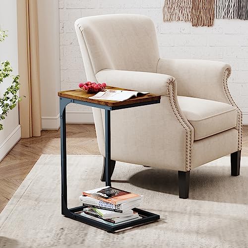 QEEIG C Table Side Table Set of 2 Living Room Sets C Shaped Couch Tray End Tables Farmhouse, Rustic Brown (017-30BN)