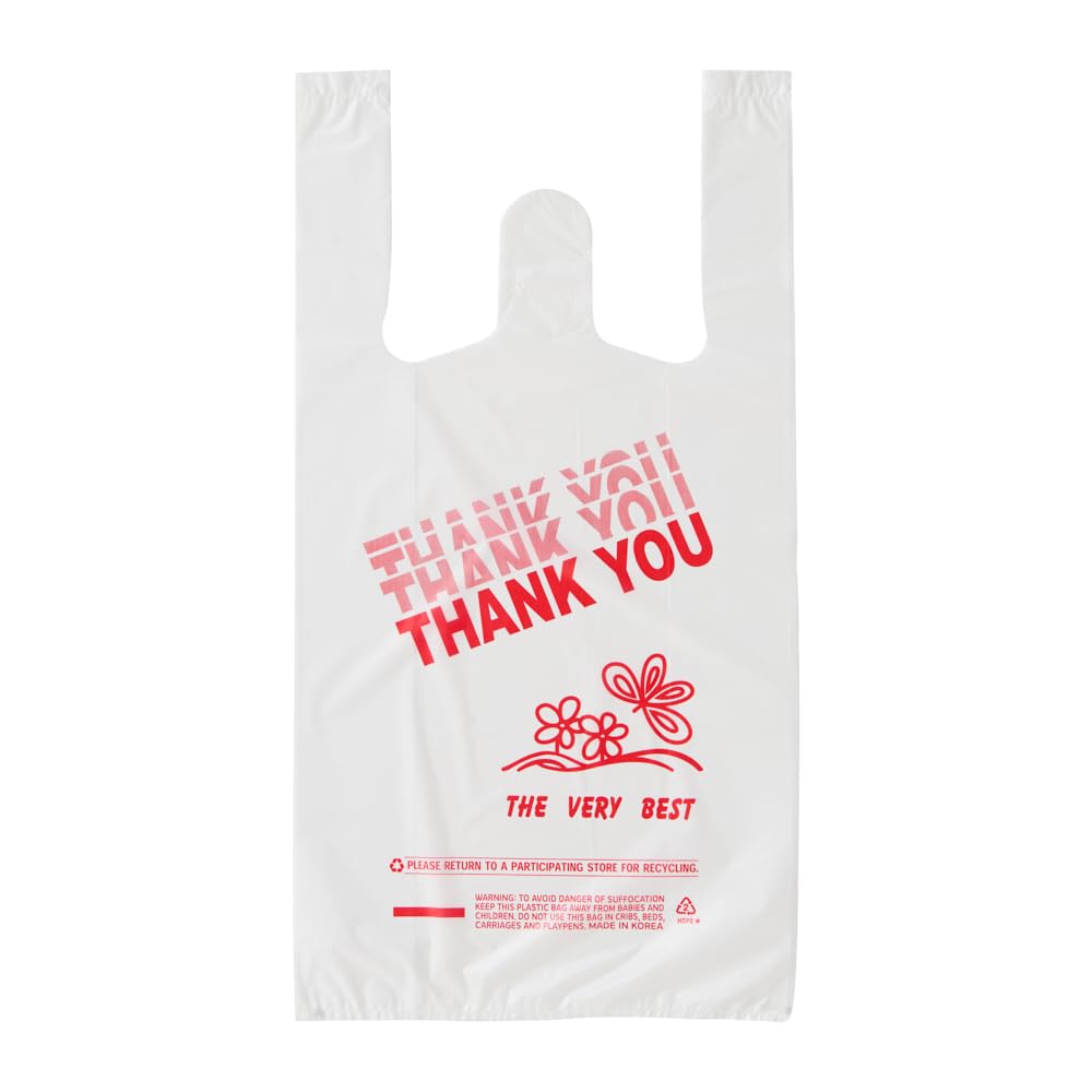 PlaTree Small Thank You T-Shirt Bags, 800 Count, 8" X 4" X 16", 14 mic (0.55 Mil), (Thank You), Retail Plastic, Bulk, Thank You, T-Shirt, Desk Trash, Grocery Bags with Handles, Made in Korea