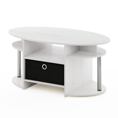 Furinno Jaya Simple Design Oval Coffee Table with Bin for Living Room, White Oak/Chrome/Black