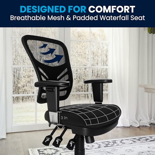 Flash Furniture Nicholas Mid-Back Swivel Desk Chair with Wheels, Mesh Back, Padded Seat, and Armrests, Adjustable Height Mesh Ergonomic Office Chair, Black