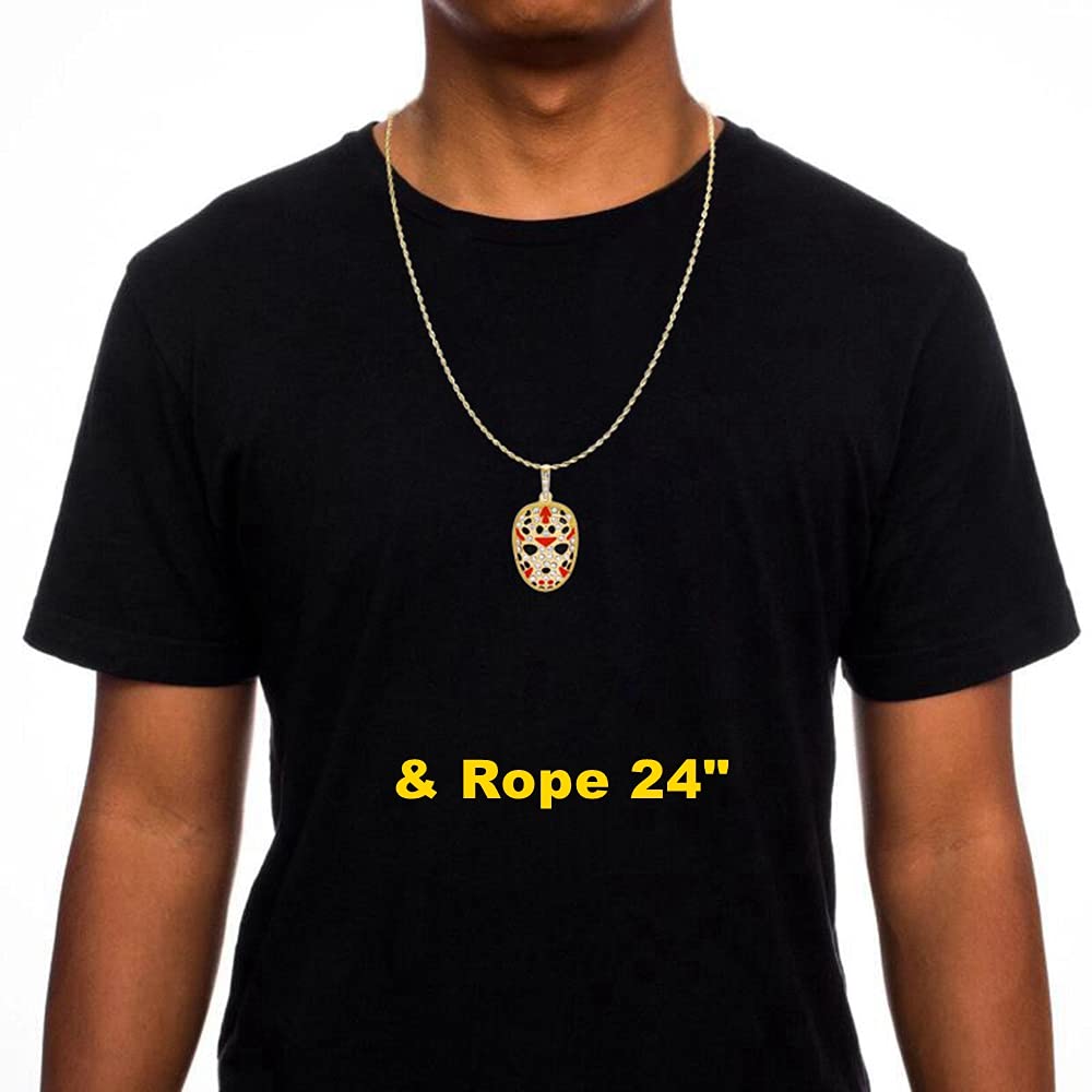 HH BLING EMPIRE 14k Gold Silver Plated Hip Hop Rapper Pendant Chain Necklace for Men, Iced Out Diamond Jason Mask Pendant with 5mm Tennis Chains 22 Inch (Jason Mask-Silver,& Tennis)