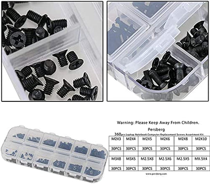 Persberg 360pcs 12sizes Laptop Notebook Tiny Computer Replacement electronic Screws Assortment Kit Black,M2 M2.5 M3,for Lenovo Toshiba Gateway Samsung HP IBM Dell Sony Acer Asus Hard Disk SATA SSD M.2