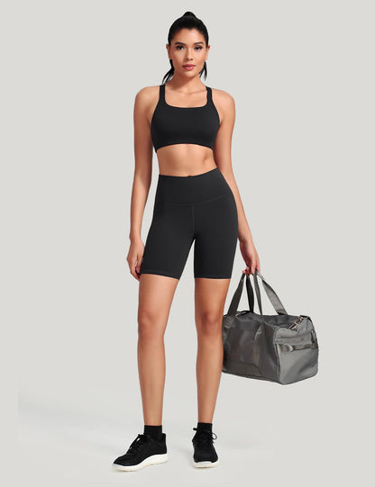 HeyNuts Women's Workout Pro Biker Short, High Waisted Tummy Control Athletic Running Spandex Yoga Shorts 6'' Black M(8/10)