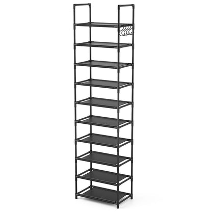 LANTEFUL 10 Tiers Tall Shoe Rack 20-25 Pairs Boots Organizer Storage Sturdy Narrow Shoe Shelf for Entryway, Closets with Hooks, Black