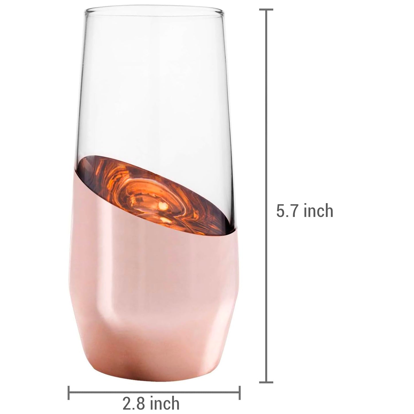 MyGift Modern Champagne Flutes, 11 oz Tilted Design Copper Stemless Champagne Flute Glasses, Set of 4